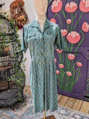 Vintage 1940's Blue Shirtwaist Print Dress, VOLUP,  AS IS